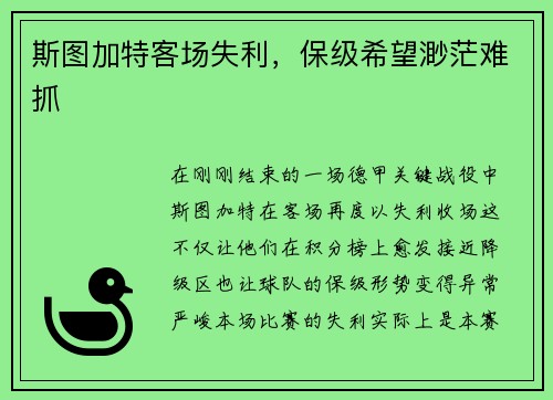 斯图加特客场失利，保级希望渺茫难抓