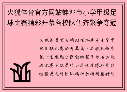 火狐体育官方网站蚌埠市小学甲级足球比赛精彩开幕各校队伍齐聚争夺冠军荣耀